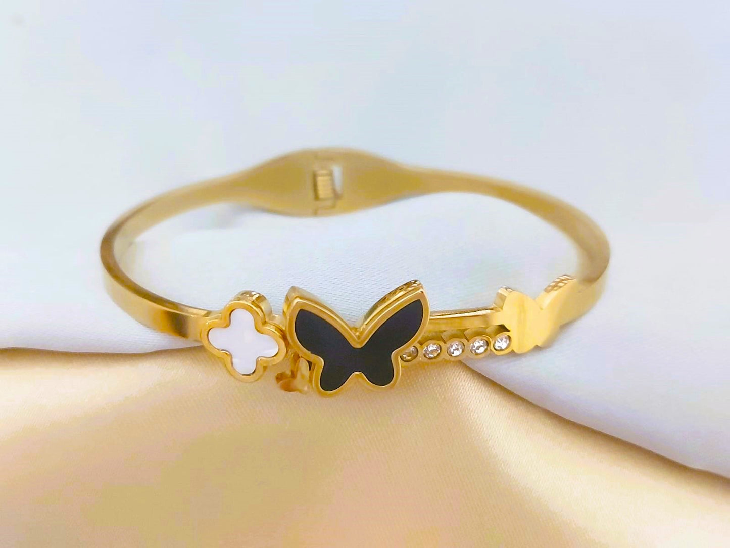 Stainless Steel 18K Gold Plated Black Butterfly Bangle Bracelet