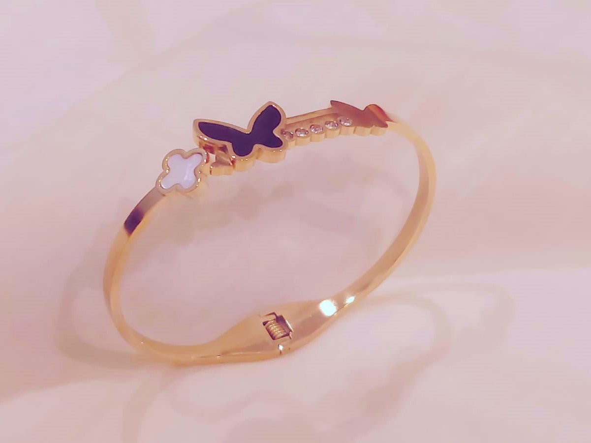 Stainless Steel 18K Gold Plated Black Butterfly Bangle Bracelet