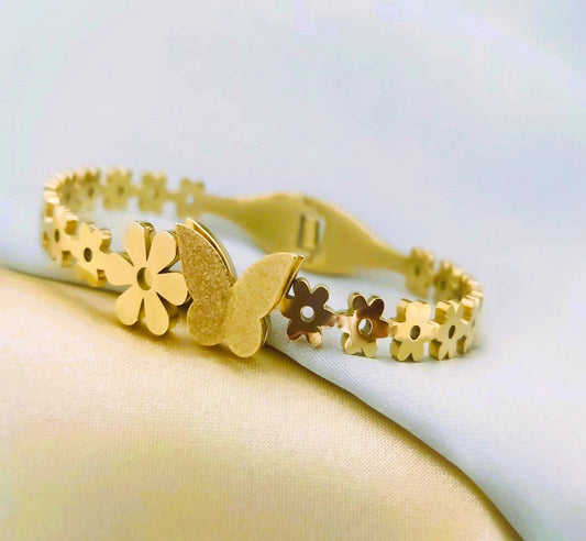 Stainless Steel 18K Gold Plated Butterfly Bangle Bracelet