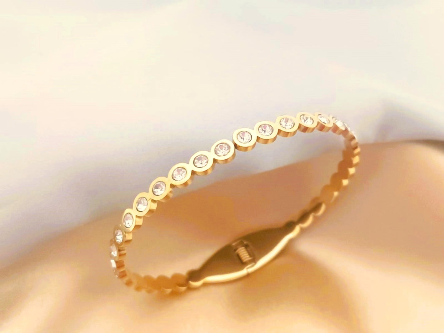 Stainless Steel 18K Gold Plated Diamante Studded Bangle Bracelet
