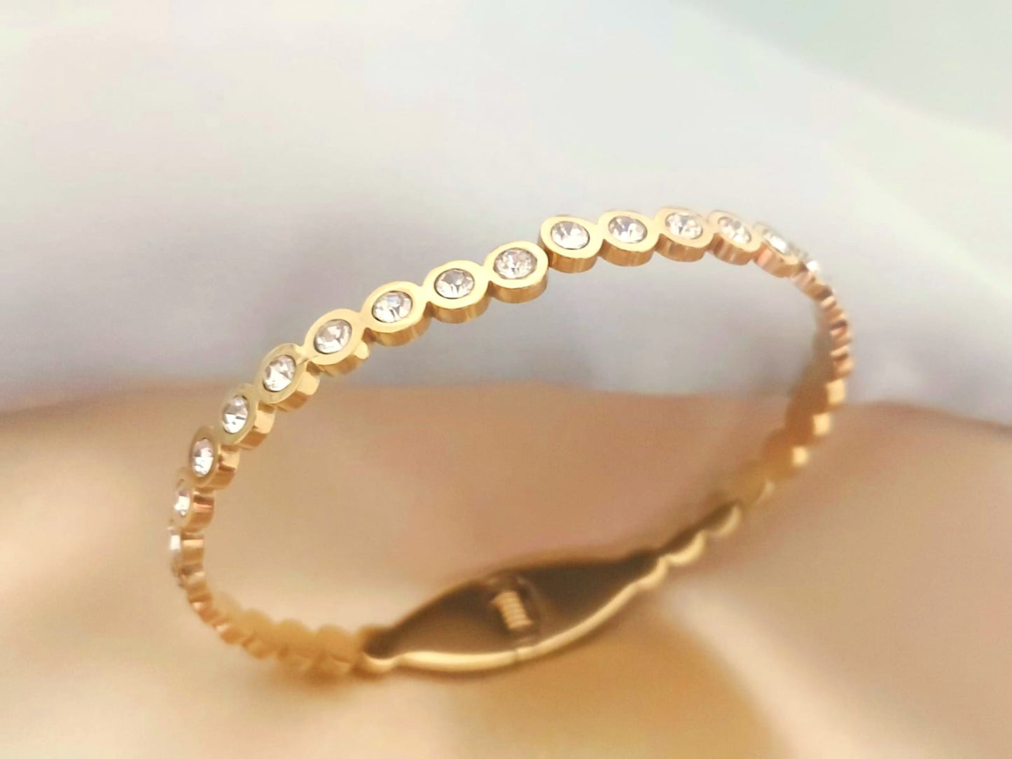 Stainless Steel 18K Gold Plated Diamante Studded Bangle Bracelet