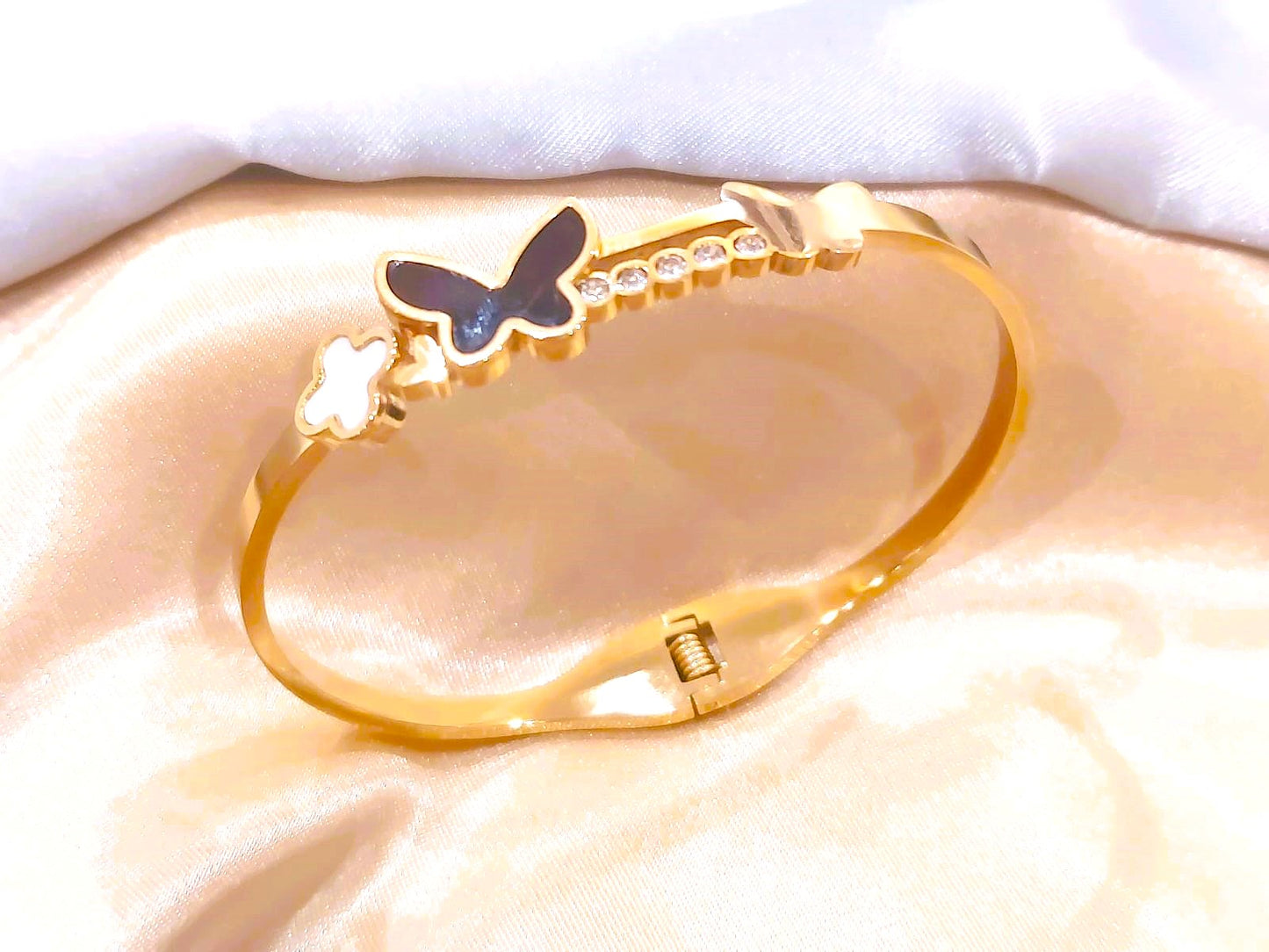 Stainless Steel 18K Gold Plated Black Butterfly Bangle Bracelet