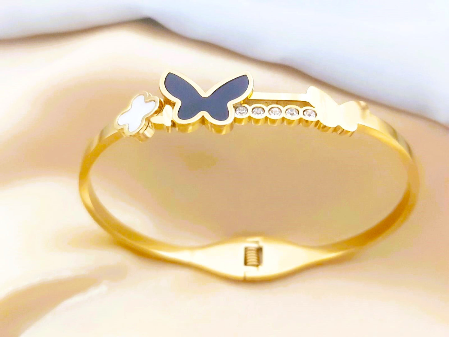 Stainless Steel 18K Gold Plated Black Butterfly Bangle Bracelet