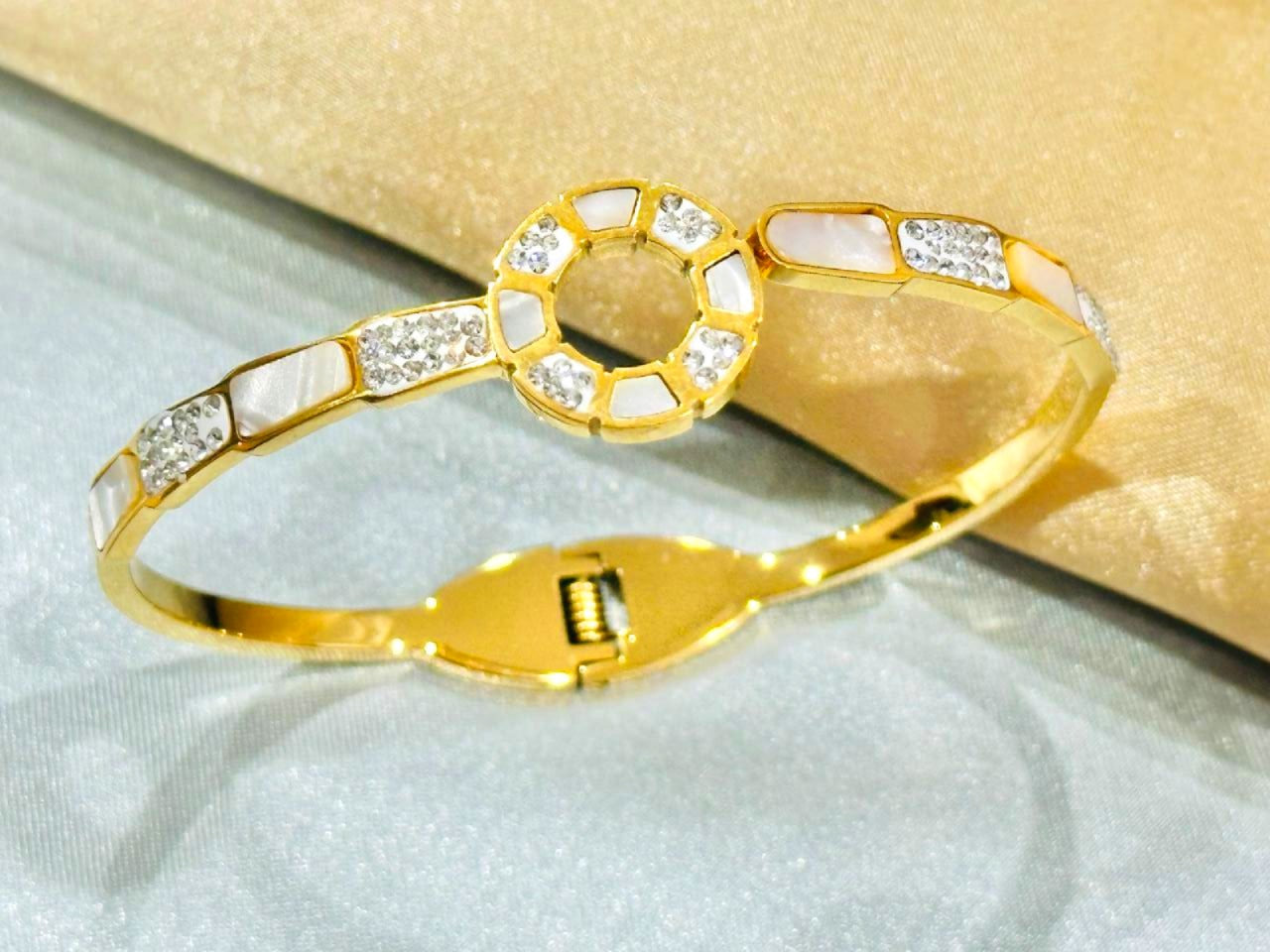 Stainless Steel 18K Gold Plated Diamante Bangle Bracelet